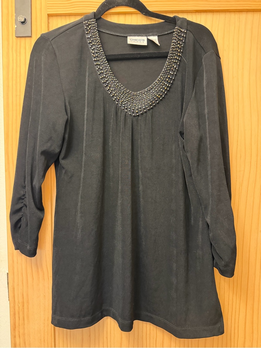 Chico's Black Scoop-Neck Tunic with Beaded Embellished Collar